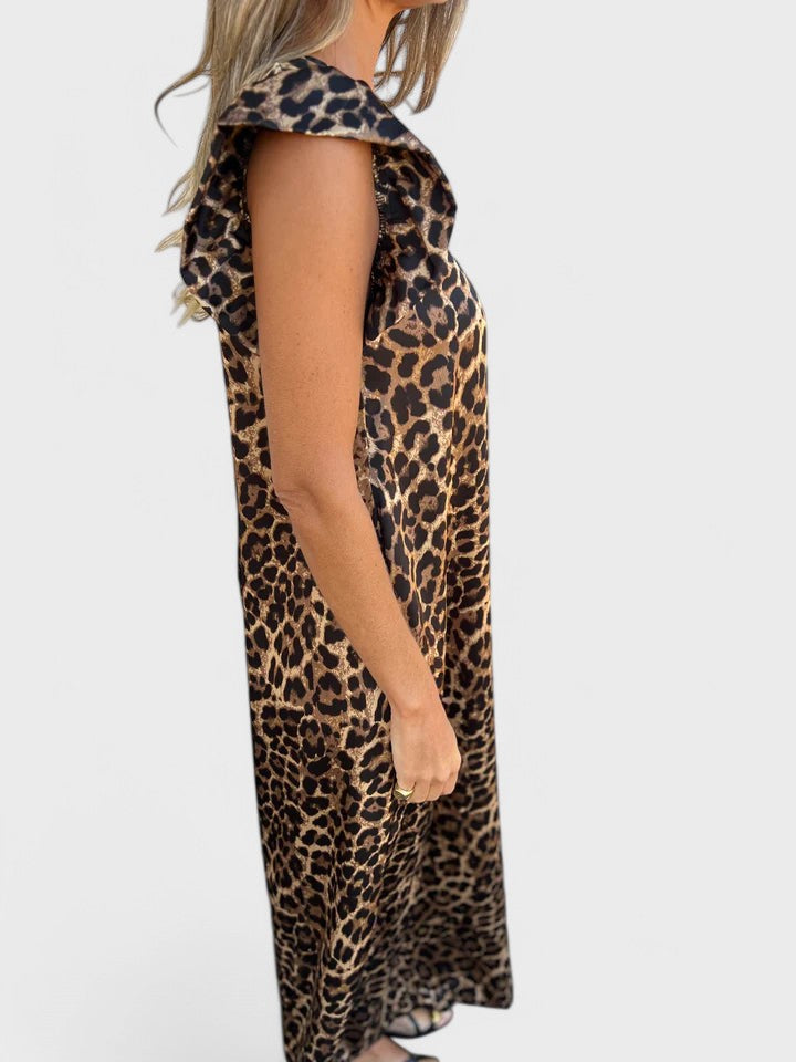 Leopard Print V-Neck Jumpsuit With Front Pockets