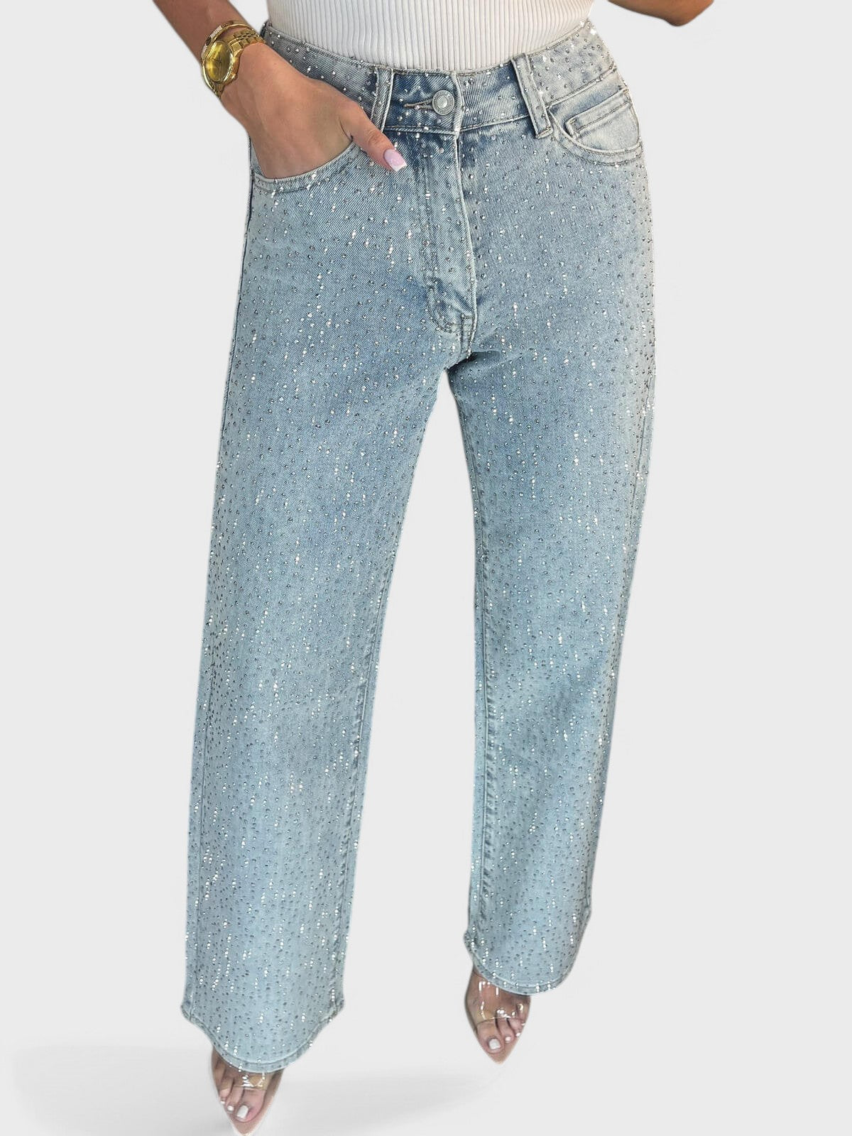 Madison™ - High Waisted Diamanté Straight Leg Jeans