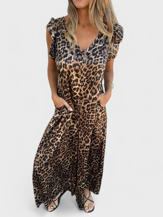 Leopard Print V-Neck Jumpsuit With Front Pockets